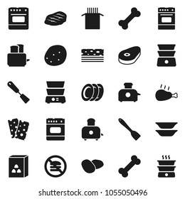 Flat vector icon set - spatula vector, toaster, oven, double boiler, plates, cereal, pasta, potato, steak, chicken leg, breads, no fastfood, bone