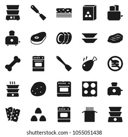 Flat vector icon set - spatula vector, toaster, oven, double boiler, plates, cereal, pasta, potato, steak, chicken leg, breads, no fastfood, bone