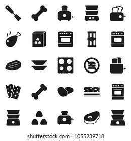 Flat vector icon set - spatula vector, toaster, oven, double boiler, plates, cereal, pasta, potato, steak, chicken leg, breads, no fastfood, bone