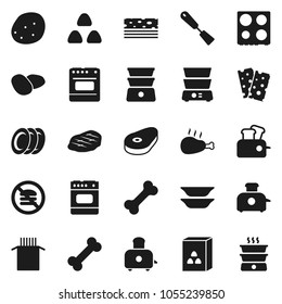 Flat vector icon set - spatula vector, toaster, oven, double boiler, plates, cereal, pasta, potato, steak, chicken leg, breads, no fastfood, bone