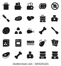 Flat vector icon set - spatula vector, toaster, double boiler, plates, cereal, pasta, potato, steak, chicken leg, breads, no fastfood, bone, oven