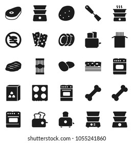 Flat vector icon set - spatula vector, toaster, oven, double boiler, plates, cereal, pasta, potato, steak, breads, no fastfood, bone