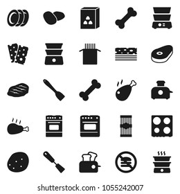 Flat vector icon set - spatula vector, oven, double boiler, plates, cereal, pasta, potato, steak, chicken leg, breads, no fastfood, bone, toaster