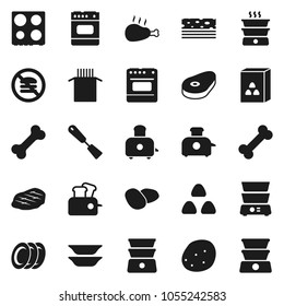 Flat vector icon set - spatula vector, toaster, oven, double boiler, plates, cereal, pasta, potato, steak, chicken leg, breads, no fastfood, bone