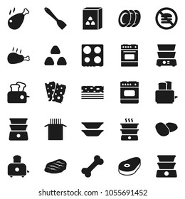 Flat vector icon set - spatula vector, toaster, oven, double boiler, plates, cereal, pasta, potato, steak, chicken leg, breads, no fastfood, bone