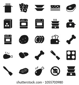 Flat vector icon set - spatula vector, oven, plates, cereal, pasta, potato, steak, chicken leg, breads, no fastfood, bone, toaster, double boiler