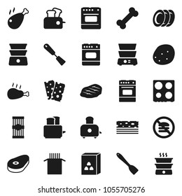 Flat vector icon set - spatula vector, toaster, oven, double boiler, plates, cereal, pasta, potato, steak, chicken leg, breads, no fastfood, bone