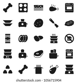 Flat vector icon set - spatula vector, toaster, oven, double boiler, plates, cereal, pasta, potato, steak, chicken leg, breads, no fastfood, bone