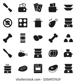 Flat vector icon set - spatula vector, toaster, oven, double boiler, plates, cereal, pasta, potato, steak, chicken leg, breads, no fastfood, bone