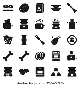 Flat vector icon set - spatula vector, toaster, oven, double boiler, plates, cereal, pasta, potato, chicken leg, breads, no fastfood, bone