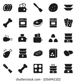 Flat vector icon set - spatula vector, toaster, oven, double boiler, plates, cereal, potato, steak, chicken leg, breads, bone