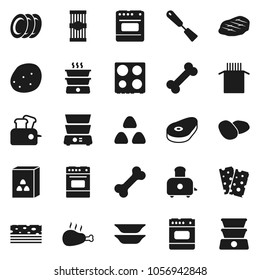 Flat vector icon set - spatula vector, toaster, oven, double boiler, plates, cereal, pasta, potato, steak, chicken leg, breads, bone