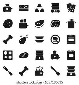 Flat vector icon set - spatula vector, toaster, oven, double boiler, plates, cereal, pasta, potato, steak, chicken leg, breads, no fastfood, bone