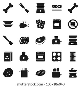 Flat vector icon set - spatula vector, toaster, oven, double boiler, plates, cereal, pasta, potato, steak, chicken leg, breads, no fastfood, bone
