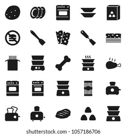 Flat vector icon set - spatula vector, toaster, oven, double boiler, plates, cereal, pasta, potato, steak, chicken leg, breads, no fastfood, bone