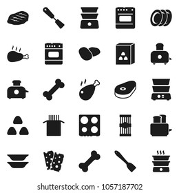 Flat vector icon set - spatula vector, toaster, oven, double boiler, plates, cereal, pasta, potato, steak, chicken leg, breads, bone