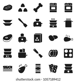 Flat vector icon set - spatula vector, toaster, oven, double boiler, plates, cereal, pasta, potato, steak, chicken leg, breads, bone