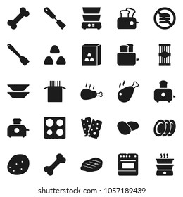 Flat vector icon set - spatula vector, toaster, oven, double boiler, plates, cereal, pasta, potato, steak, chicken leg, breads, no fastfood, bone