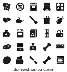 Flat vector icon set - spatula vector, toaster, oven, double boiler, cereal, pasta, potato, steak, chicken leg, breads, no fastfood, bone