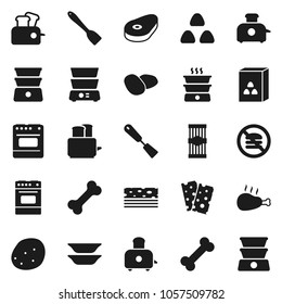 Flat vector icon set - spatula vector, toaster, oven, double boiler, plates, cereal, pasta, potato, steak, chicken leg, breads, no fastfood, bone