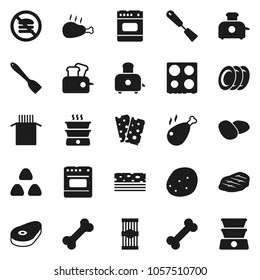 Flat vector icon set - spatula vector, toaster, oven, plates, cereal, pasta, potato, steak, chicken leg, breads, no fastfood, bone, double boiler
