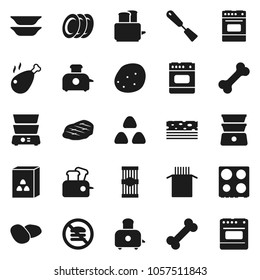 Flat vector icon set - spatula vector, toaster, oven, double boiler, plates, cereal, pasta, potato, steak, chicken leg, breads, no fastfood, bone