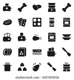 Flat vector icon set - spatula vector, toaster, oven, double boiler, plates, cereal, pasta, potato, steak, chicken leg, breads, bone