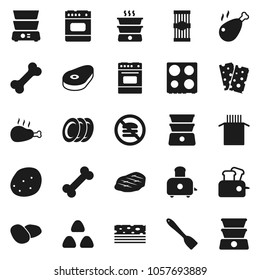 Flat vector icon set - spatula vector, toaster, oven, double boiler, plates, cereal, pasta, potato, steak, chicken leg, breads, no fastfood, bone