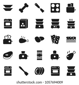 Flat vector icon set - spatula vector, toaster, oven, double boiler, plates, cereal, pasta, potato, steak, chicken leg, breads, bone