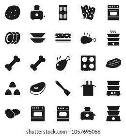 Flat vector icon set - spatula vector, toaster, oven, double boiler, plates, cereal, pasta, potato, steak, chicken leg, breads, bone