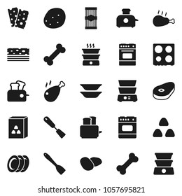 Flat vector icon set - spatula vector, toaster, oven, double boiler, plates, cereal, pasta, potato, steak, chicken leg, breads, bone