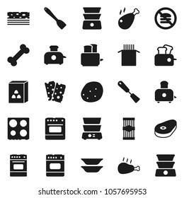 Flat vector icon set - spatula vector, toaster, oven, double boiler, plates, cereal, pasta, potato, steak, chicken leg, breads, no fastfood, bone