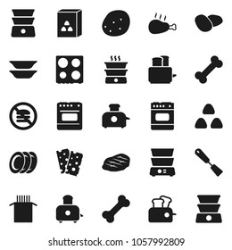 Flat vector icon set - spatula vector, toaster, oven, double boiler, plates, cereal, pasta, potato, steak, chicken leg, breads, no fastfood, bone