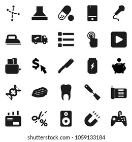 Flat vector icon set - spatula vector, knife, toaster, steak, magnet, constellation, piggy bank, dollar cursor, pills, enegry drink, mobile phone, touchscreen, speaker, play button, dna, tooth, menu