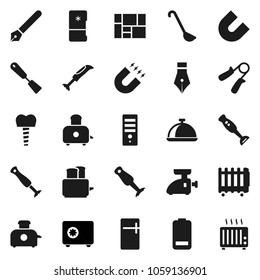Flat vector icon set - spatula vector, ladle, toaster, blender, dish, pen, magnet, safe, hand trainer, consolidated cargo, battery, tooth implant, fridge, meat grinder, computer, heater