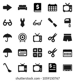 Flat vector icon set - spatula vector, ladle, mixer, glasses, scissors, annual report, calendar, shorts, swimsuite, target, umbrella, tv, arrow, cushioned furniture, calculator