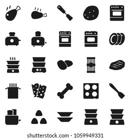 Flat vector icon set - spatula vector, toaster, oven, double boiler, plates, cereal, pasta, potato, steak, chicken leg, breads, bone