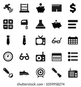 Flat vector icon set - spatula vector, ladle, mixer, glasses, abacus, piggy bank, clock, tie, calendar, dollar sign, snickers, shorts, target, radio, satellitie, menu, calculator, hood, tv