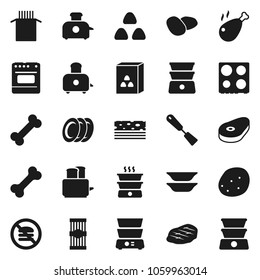Flat vector icon set - spatula vector, toaster, oven, double boiler, plates, cereal, pasta, potato, steak, chicken leg, breads, no fastfood, bone