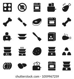 Flat vector icon set - spatula vector, toaster, oven, double boiler, plates, cereal, potato, steak, chicken leg, no fastfood, bone