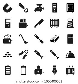 Flat vector icon set - spatula vector, ladle, knife, grater, toaster, blender, dish, pen, magnet, gold ingot, safe, hand trainer, battery, fridge, meat grinder, computer, heater