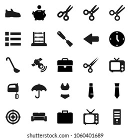 Flat vector icon set - spatula vector, ladle, mixer, scissors, abacus, piggy bank, case, clock, tie, snickers, swimsuite, target, umbrella, satellitie, tv, arrow, cushioned furniture, menu, computer