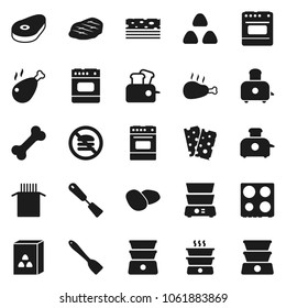 Flat vector icon set - spatula vector, toaster, oven, double boiler, cereal, pasta, potato, steak, chicken leg, breads, no fastfood, bone