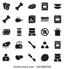 Flat vector icon set - spatula vector, toaster, oven, double boiler, plates, cereal, pasta, potato, steak, chicken leg, breads, no fastfood, bone