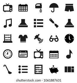 Flat vector icon set - spatula vector, ladle, mixer, glasses, abacus, music, piggy bank, clock, calendar, shorts, t shirt, umbrella, satellitie, tv, menu, hood, window