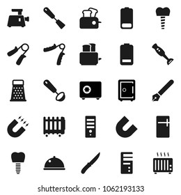 Flat vector icon set - spatula vector, ladle, knife, grater, toaster, blender, dish, pen, magnet, safe, hand trainer, battery, tooth implant, fridge, meat grinder, computer, heater