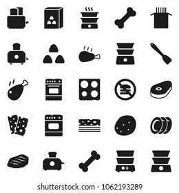 Flat vector icon set - spatula vector, toaster, oven, double boiler, plates, cereal, pasta, potato, steak, chicken leg, breads, no fastfood, bone