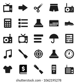 Flat vector icon set - spatula vector, abacus, music, annual report, clock, snickers, shorts, t shirt, target, calendar, umbrella, radio, scissors, menu, arrow, tv, calculator, hood, computer