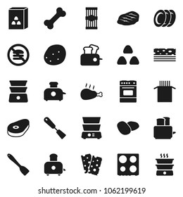 Flat vector icon set - spatula vector, toaster, oven, double boiler, plates, cereal, pasta, potato, steak, chicken leg, breads, no fastfood, bone