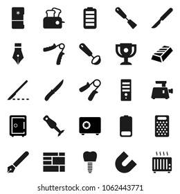 Flat vector icon set - spatula vector, ladle, knife, grater, blender, pen, award cup, magnet, gold ingot, safe, hand trainer, consolidated cargo, battery, scalpel, tooth implant, fridge, toaster